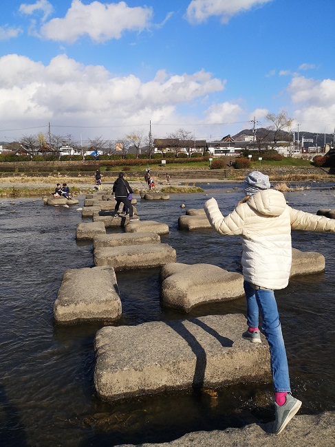Big rocks in the water to cross the River in Kyoto
